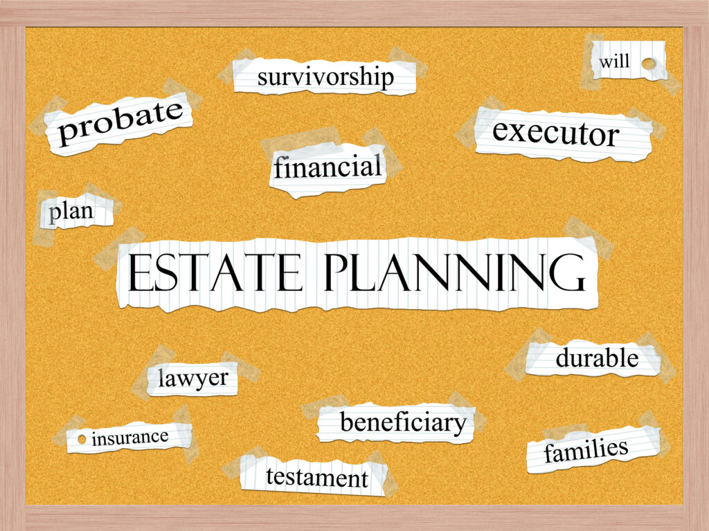 An Estate Planning word cloud concept with words on notebook paper taped on a corkboard and great terms such as beneficiary survivorship executor insurance and more.