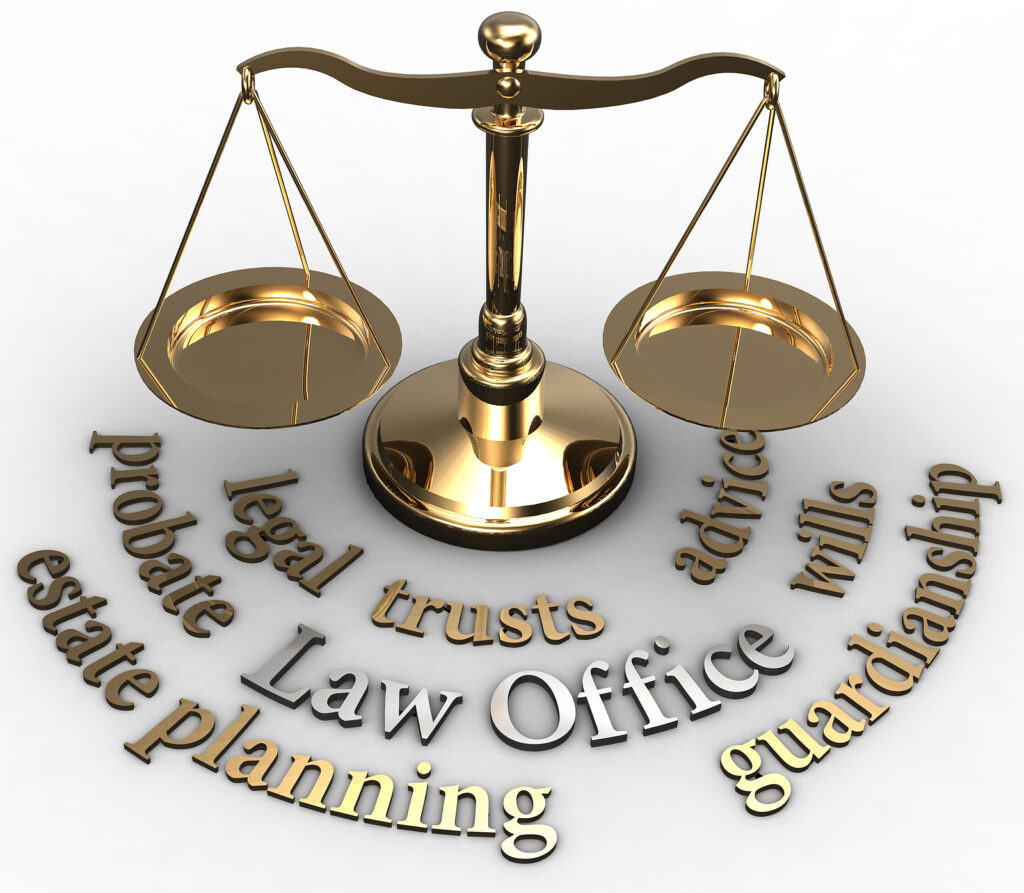 Scale with legal concepts of lawyer attorney law office estate such as planning probate wills