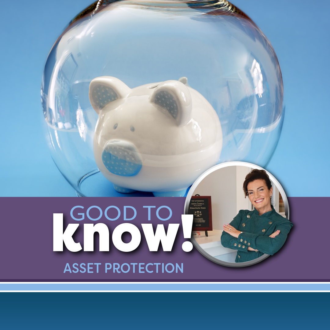 Good To Know - Asset Protection with a piggy bank and Eileen Kerlin Walsh in the foreground