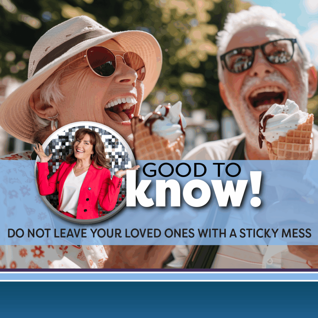 Mature couple enjoying ice cream waffle cones, both smiling. Headline of Good to know - do not leave your loved ones with a sticky mess