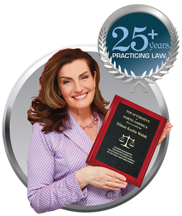 Eileen holding a Top Atorneys of North America plaque. Also includes 25+ years practicing law icon