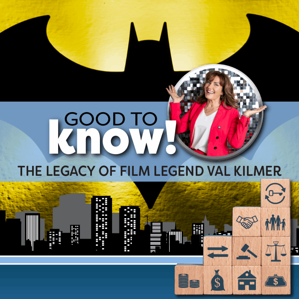 Batman symbol over a cityscape, in the foreground are blocks symbolizing money, family and legal