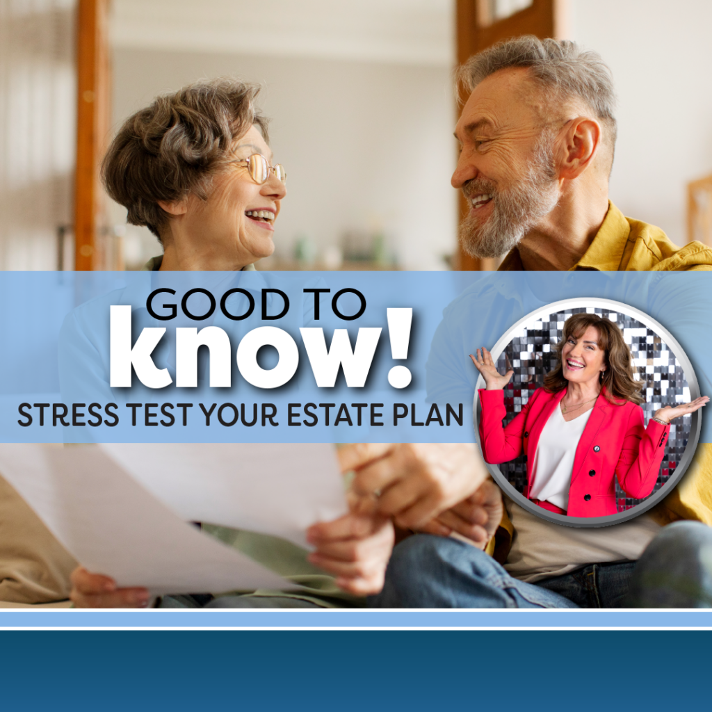 Mature couple reviewing paperwork together. They are looking at each other smiling while the husband points at the paperwork