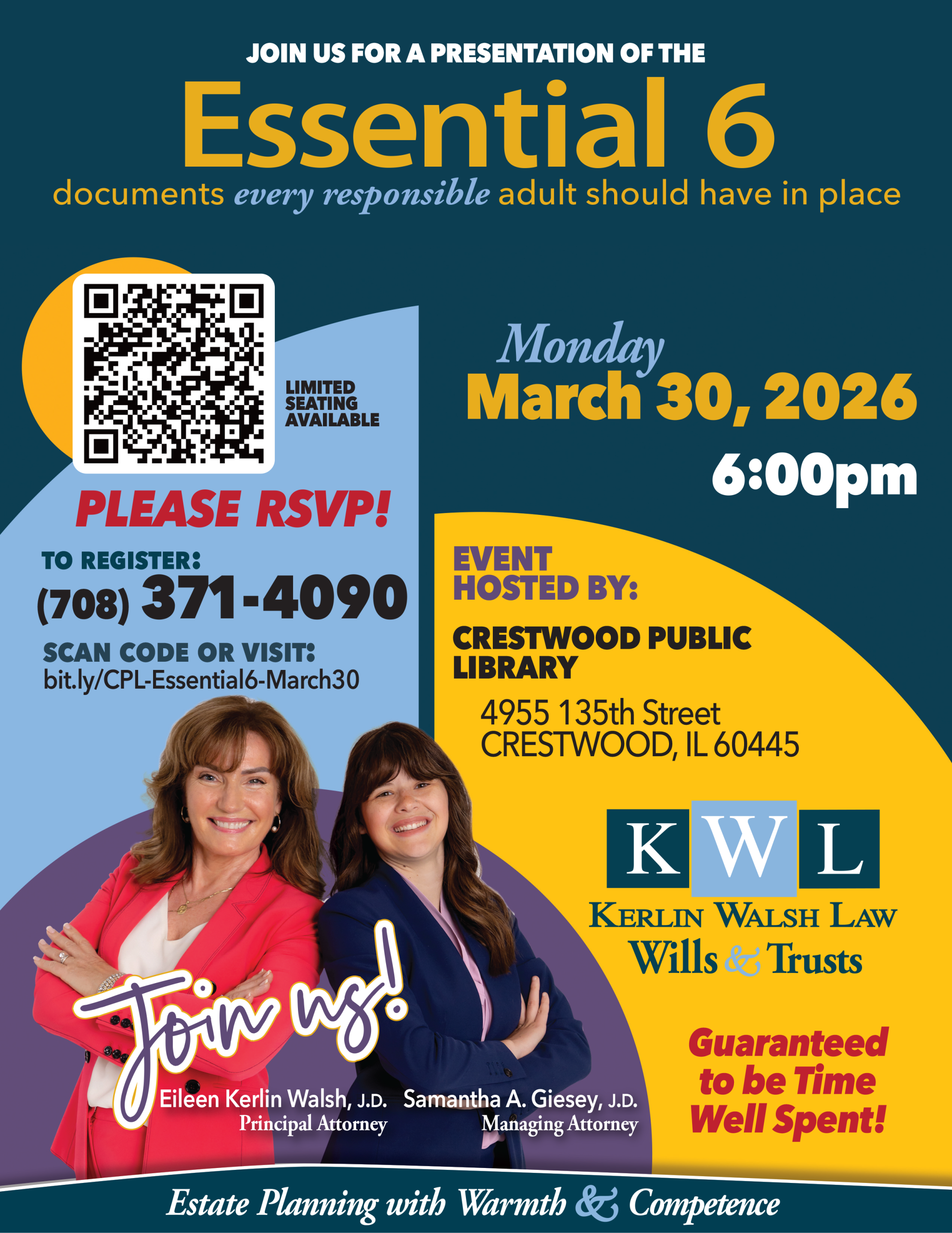 Flyer for an Essential 6 Event taking place on March 30th at Crestwood Public Library