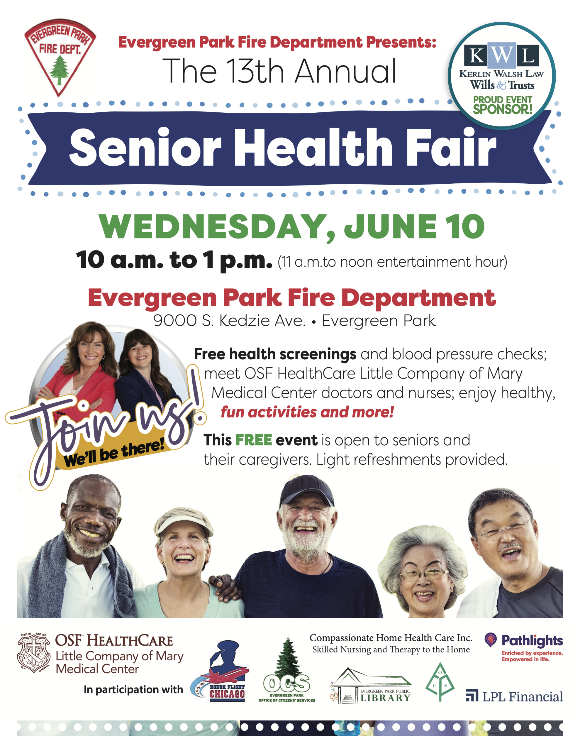 Evergreen Park Fire Department 13th Annual Senior Health Fair, Wednesday, June 10