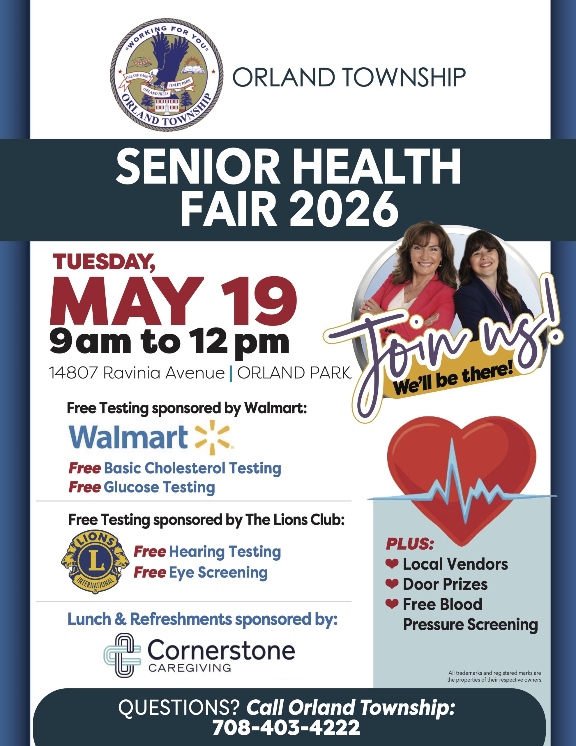Come see the Kerlin Walsh Law team at the Orland Township Senior Health Fair 2026 - Tuesday, May 19 from 9am to 12pm. There will be free testing of cholesterol, glucose and hearing as well as local vendors door prizes and more. Lunch and refreshments sponsored by Cornerstone Caregiving.