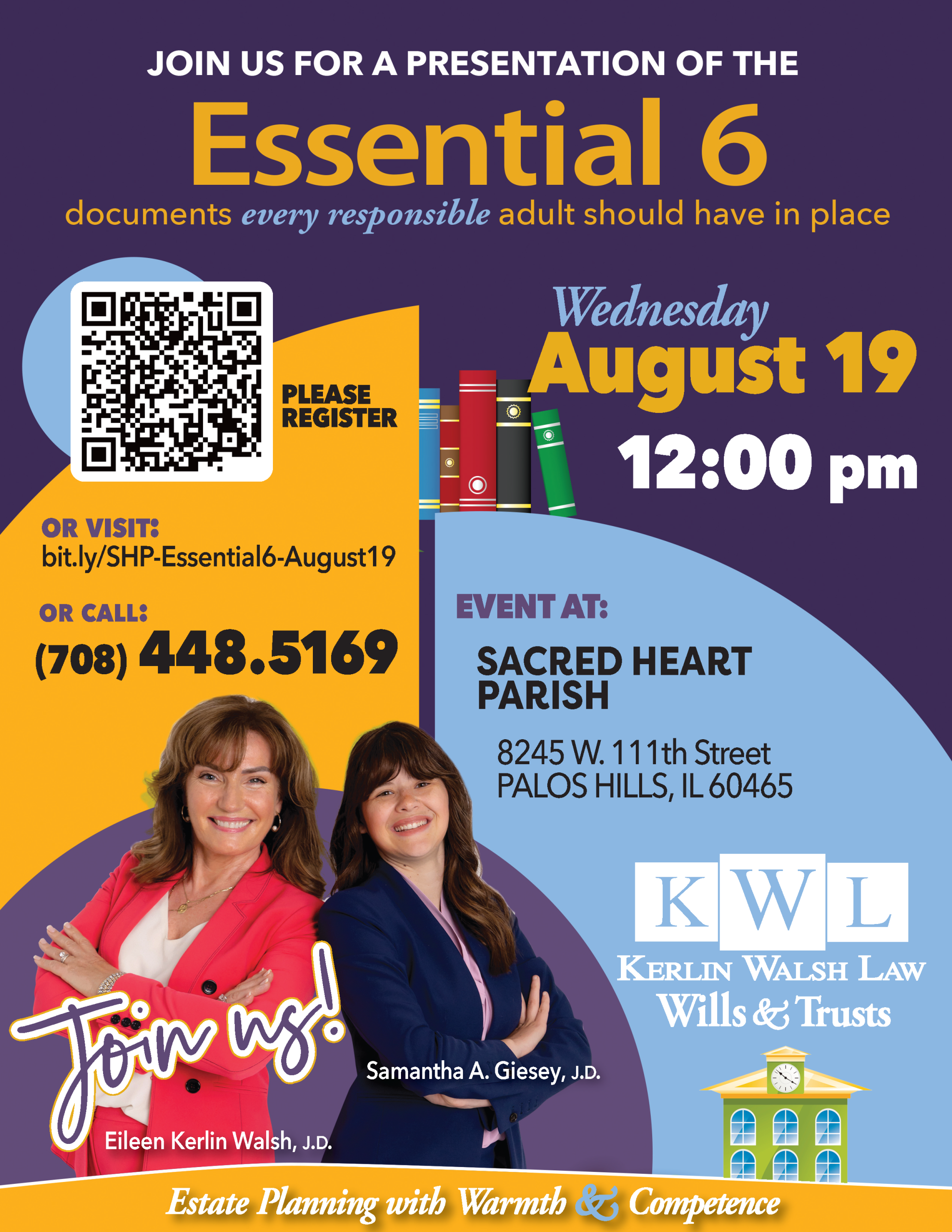 Flyer containing the details to the Essential 6 event being hosted at Sacred Heart Parish in Palos Hills on August 19 at 12pm (noon)