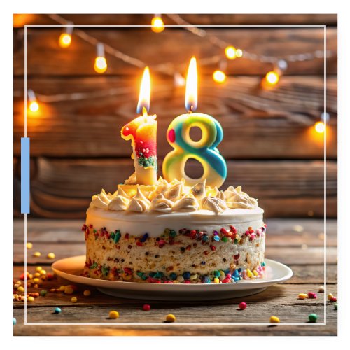 Birthday cake on a table with candles 1 and 8 (to signify turning 18) lit on top