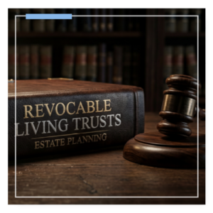 Revocable Living Trust Estate Planning on the spine of a book and the book is sitting next to a gavel