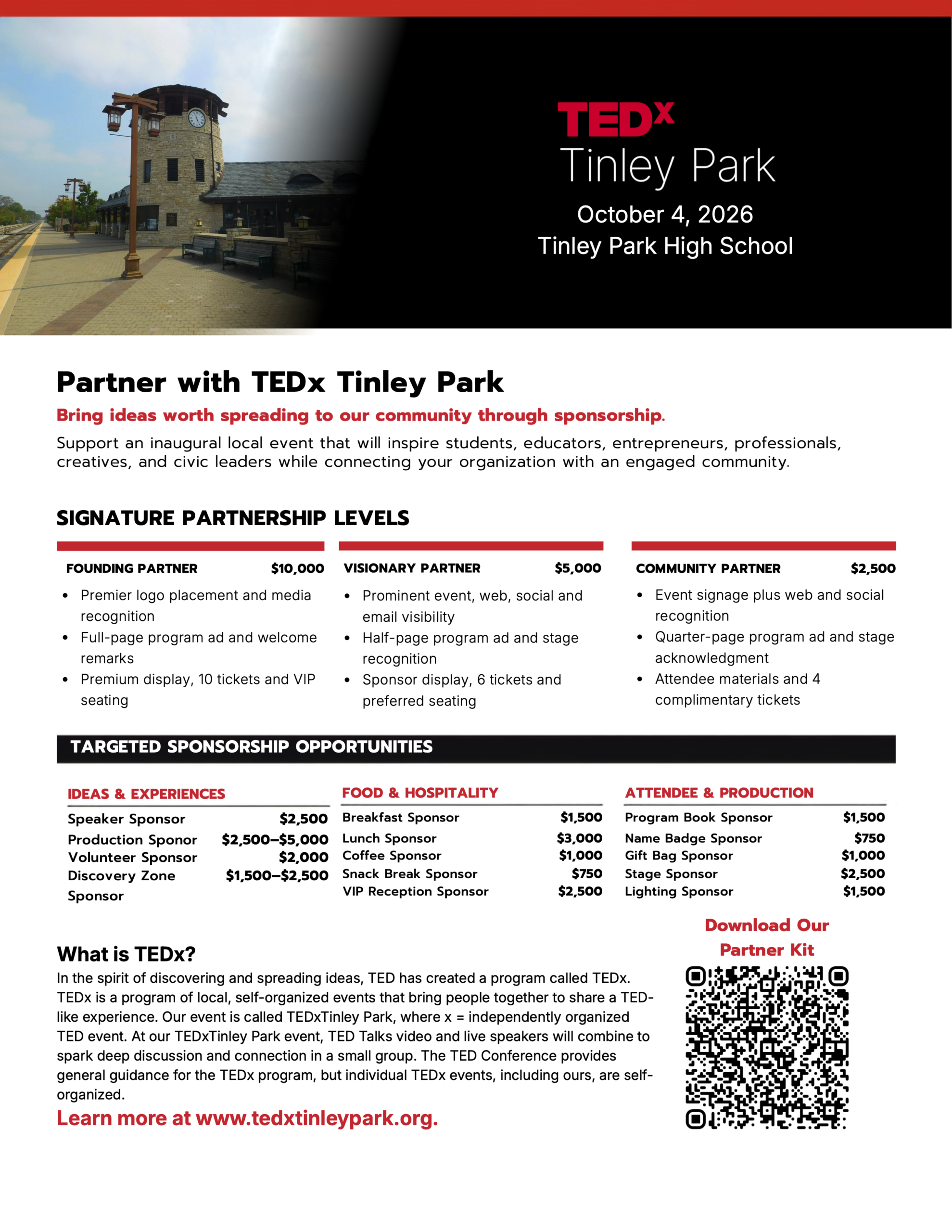 TEDx Tinley Park Sponsorship Flyer Sponsorship Opportunities for TEDxTinleyPark on October 4