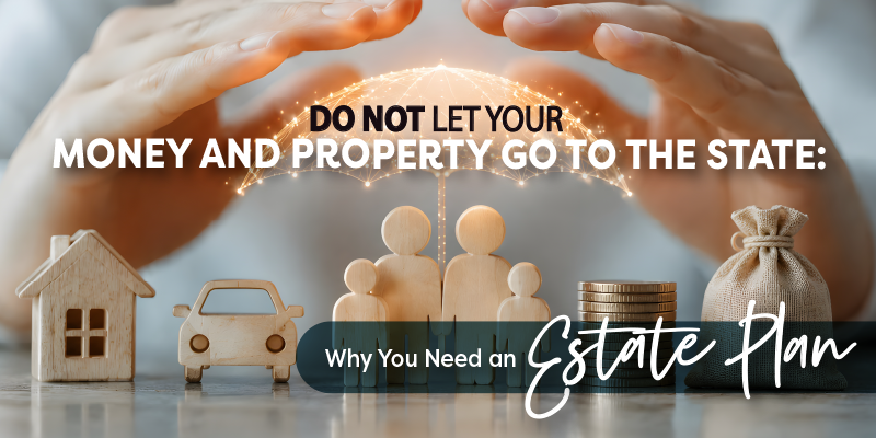 Hand cupped over an umbrella that is over a house, car, family and finances - symbolizes asset protection