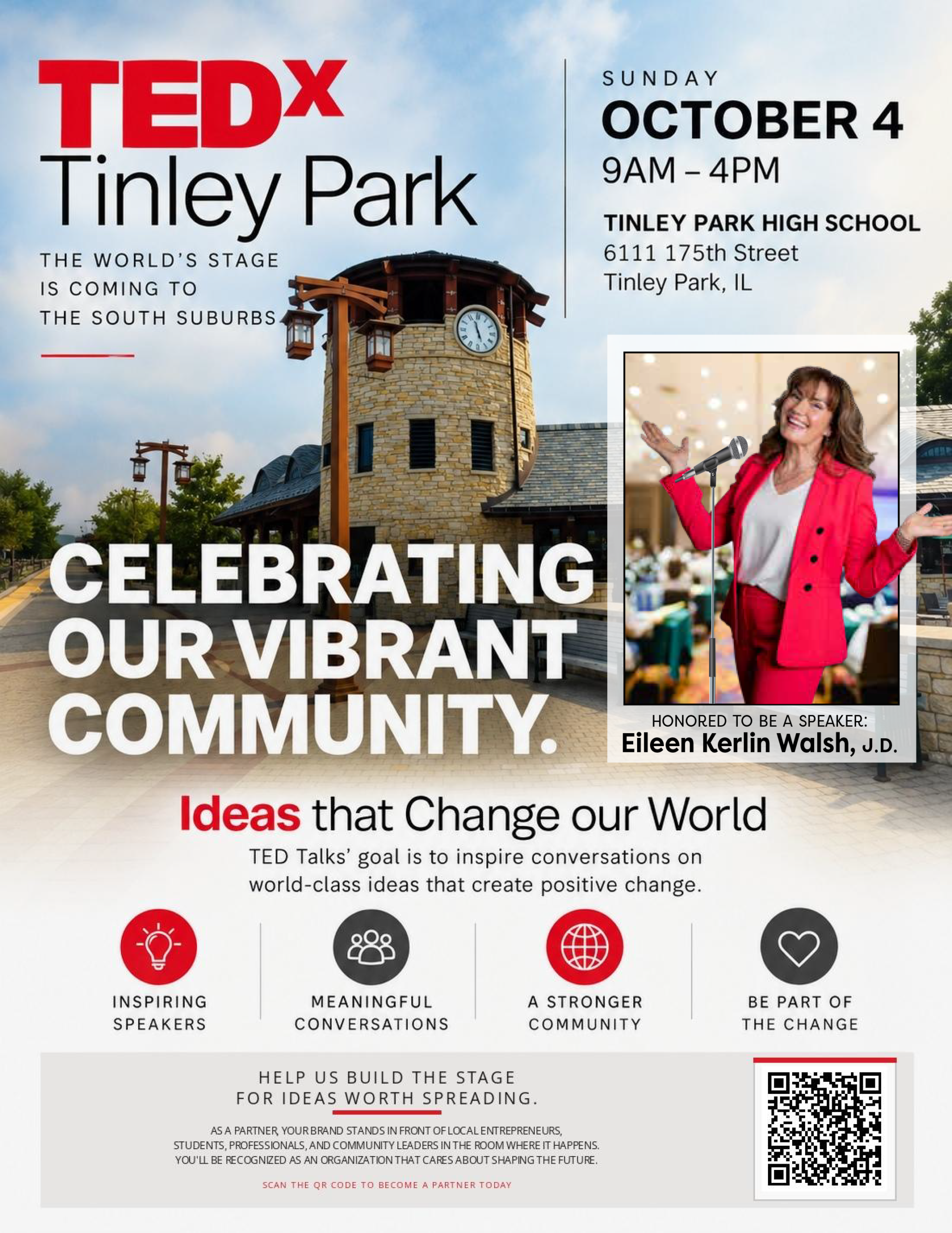 tedx-tinley-park-partner-flyer_EKW Overview of TEDxTinleyPark. Takes place October 4 at Tinley Park High School from 9am to 5pm. Go to tedxtinleypark.org to learn more and buy tickets