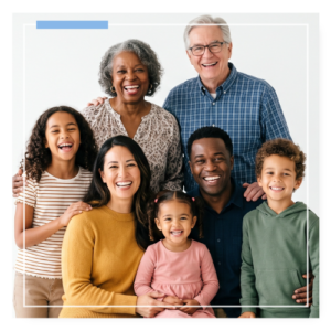 Family not one size being represented by multi-generational image of children, parents and grandparents