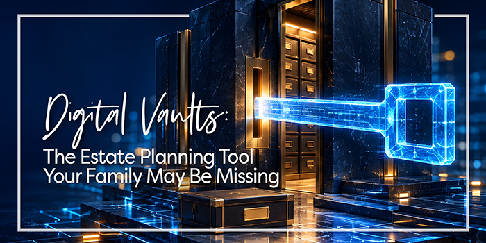 Digital looking key being inserted into a vault with headline Digital Vaults: The Estate Planning Tool Your Family May Be Missing