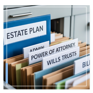 File cabinet with the folder for Estate Plan sticking out.
