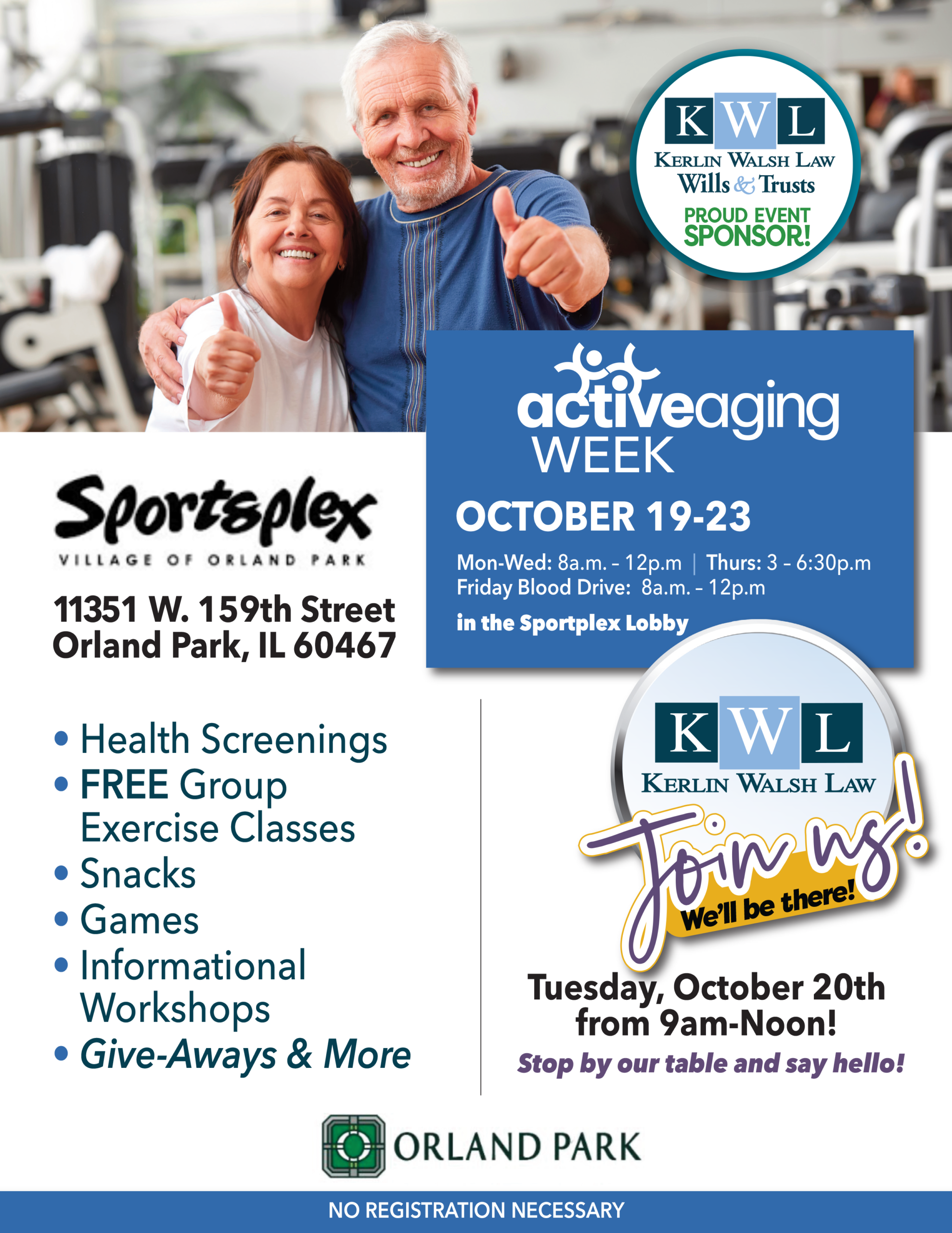 OP Active Aging Event Flyer Active Aging Week event at the Village of Orland Park Sportsplex October 19-23