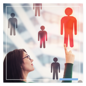 Woman looking at icons representing people and she points to choose one