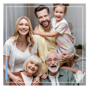 Children, parents and grandparents gather together.